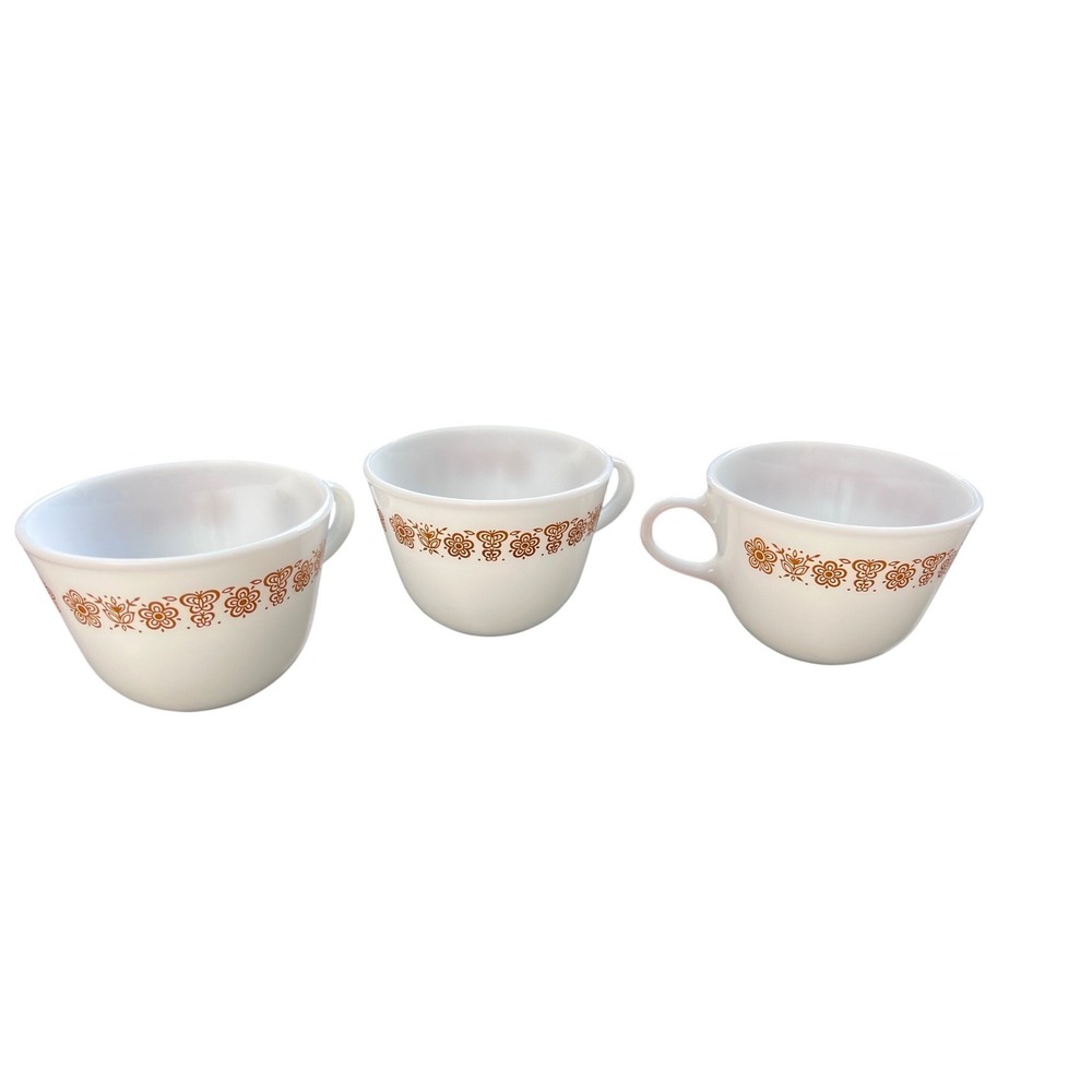 Pyrex Vintage Golden Butterfly Pattern Mugs Set of 3 White